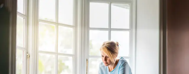 Woman in window on computer